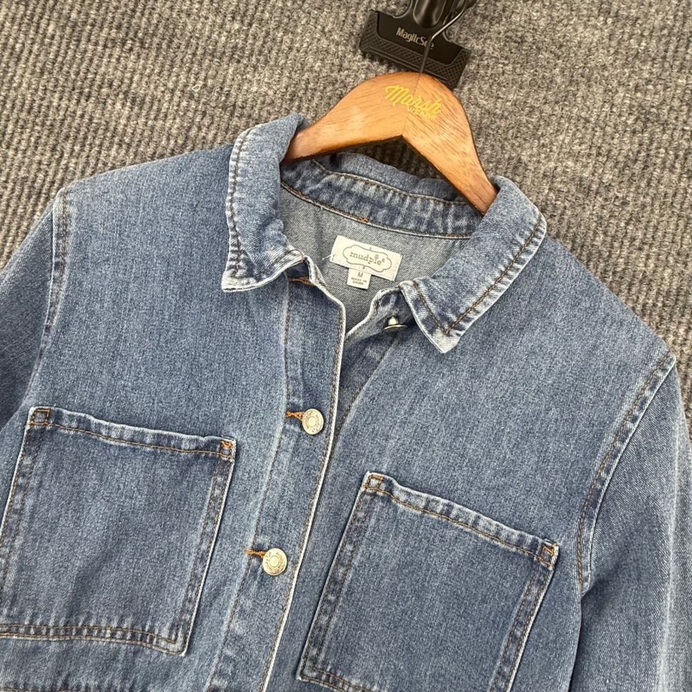 Mud Pie Denim Jacket Womens M Blue Excellent Peplum Frayed Hem Button Front